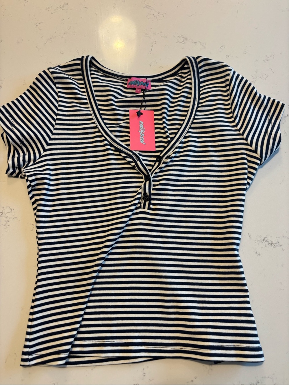 Edikted Black & White Striped Scoop V-Notch Short Sleeve Top